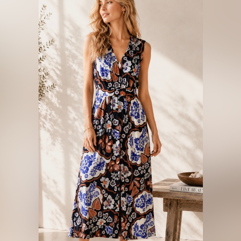 Chico’s Cartagena Sleeveless Floral Tile Print V-Neck Maxi Dress Size L 12
